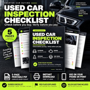 May include: A five-page used car inspection checklist in a printable PDF format. The document features a black cover with lime green text reading "Used Car Inspection Checklist" and "Smarter Car Buying," including sections for exterior, engine, interior, and test drive.
