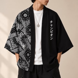 Japanese Kimono Jacket, Oversized Haori, Black Paisley Streetwear, Unisex Japanese Cardigan