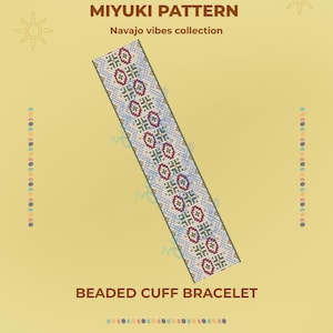 Può includere: Un motivo rettangolare per bracciale a fascia con perline caratterizzato da un design geometrico ripetuto in perline bianche, rosse, verdi e blu. Il testo recita MIYUKI PATTERN, Navajo vibes collection, BEADED CUFF BRACELET e PDF DIGITAL DOWNLOAD.