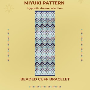 Può includere: Un motivo Miyuki per un bracciale a fascia di perline della collezione Hypnotic dream. Il design presenta un motivo geometrico ripetitivo nei toni del blu scuro, azzurro e bianco. Il testo recita MIYUKI PATTERN, Hypnotic dream collection, BEADED CUFF BRACELET e PDF DIGITAL DOWNLOAD.