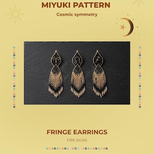 Può includere: Un modello digitale per orecchini a frange Miyuki intitolato Cosmic Symmetry e Fire Signs. L'immagine mostra tre design di orecchini in perline neri e oro con i segni zodiacali Ariete, Leone e Sagittario.
