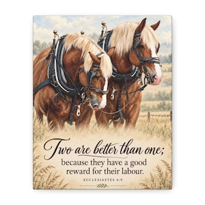 May include: A rectangular canvas print featuring two brown draft horses with blonde manes wearing black leather harnesses. The horses stand in a field of tall grass. Below them, the text reads: Two are better than one; because they have a good reward for their labour. ECCLESIASTES 4:9.