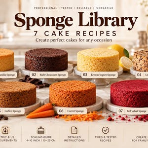 Può includere: Un documento digitale intitolato Sponge Library 7 Cake Recipes che mostra sette torte rotonde: vaniglia, cioccolato, yogurt al limone, noci, caffè, carota e red velvet. L'immagine include testo, icone e un badge per il download in PDF.