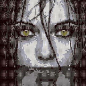 May include: A pixel art style mosaic portrait featuring a face with pale skin, dark hair, and striking yellow eyes. The image is composed of a grid of small square tiles in shades of black, gray, white, and yellow, creating a high contrast effect.