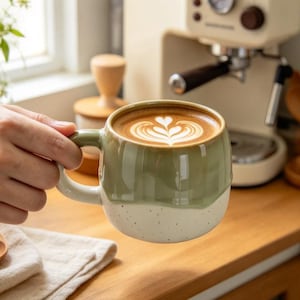 Puede incluir: Una taza de cerámica con diseño bicolor que presenta una sección superior en verde salvia y una base de color crema con motas. La taza está llena de café con un diseño de espuma latte art en forma de corazón e incluye un asa curva lateral.