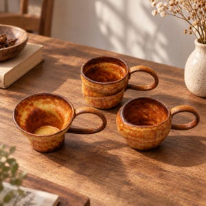 Pode incluir: Três canecas de cerâmica com um esmalte manchado em tons quentes de âmbar e castanho. Cada caneca apresenta um corpo arredondado, uma borda circular larga e uma pega curva. O acabamento tem uma aparência texturizada e terrosa com variações.