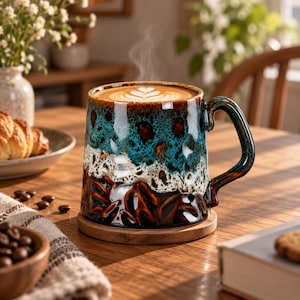 May include: A ceramic mug with a reactive glaze featuring a gradient of deep brown at the base, a white speckled middle, and a vibrant teal top. The mug has a curved handle and contains a hot beverage with a heart-shaped latte art design.