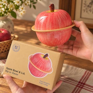May include: A ceramic apple-shaped bowl with a matching lid, featuring a red and white streaked finish and a brown stem. The product comes in a tan cardboard box labeled Apple Bowl & Lid, Sip or Savor, Fine Ceramics, Finer Living.