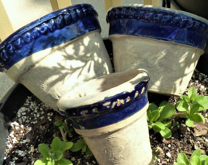Rowe Pottery Rustic Garden Pots Glazed Blue Rim Includes Etsy