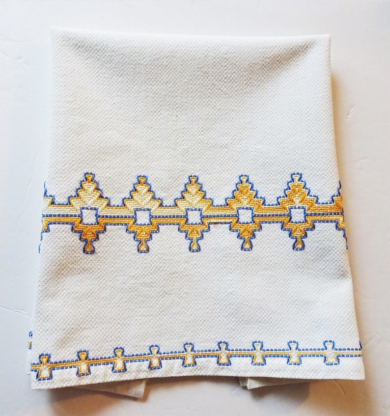 Art Deco Style Towel Two Gold and White Potholders Vintage Kitchen Linen Assortment One Crocheted Doily