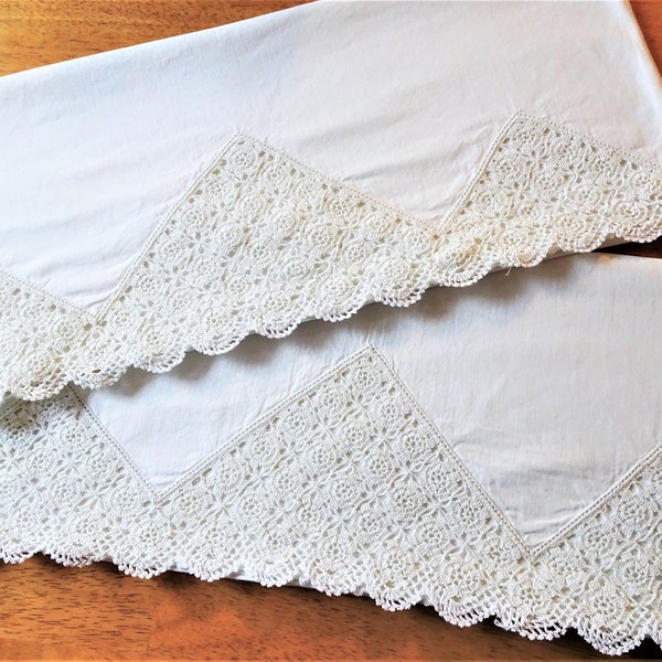 Pair of Ivory Vintage Pillowcases with Crocheted Handiwork