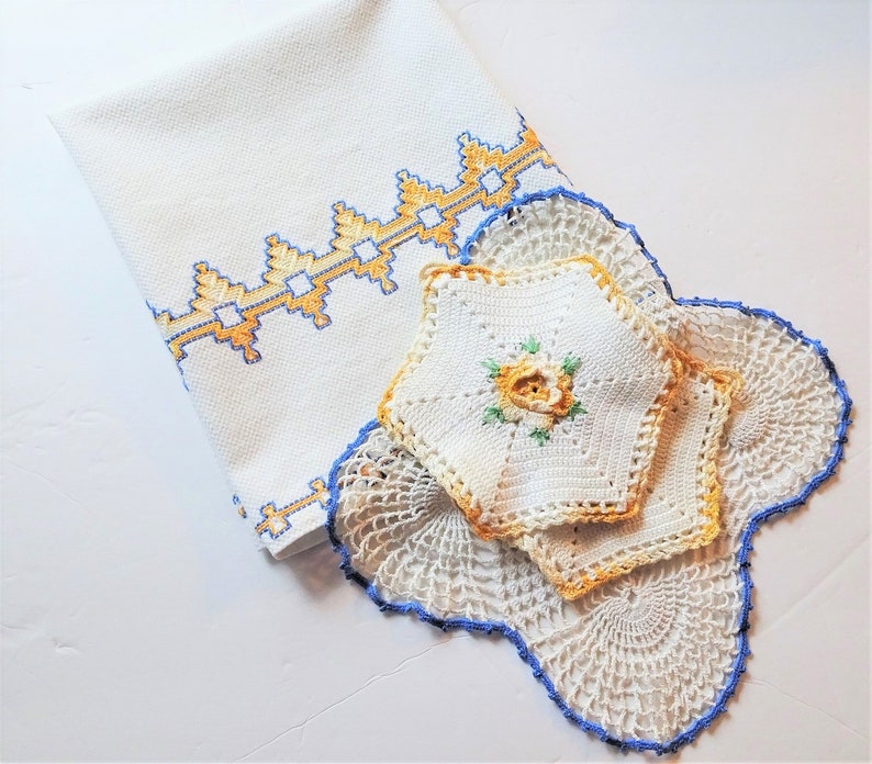 Art Deco Style Towel Two Gold and White Potholders Vintage Kitchen Linen Assortment One Crocheted Doily