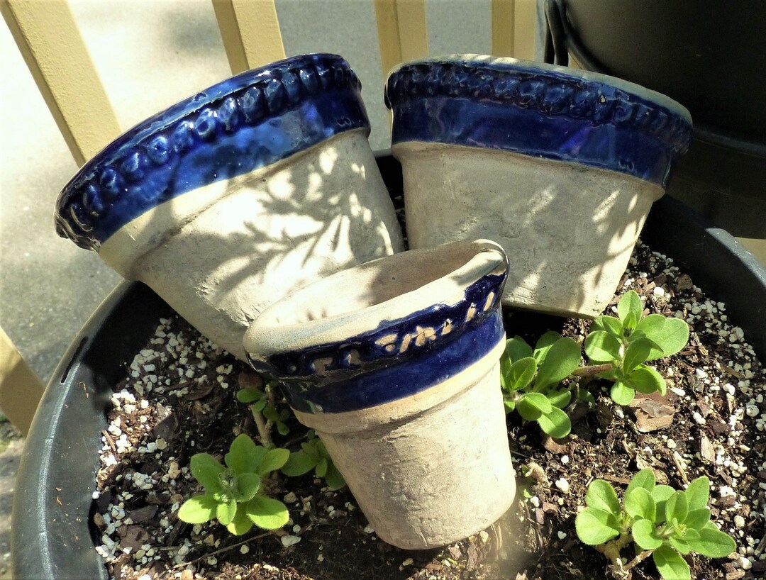 Rowe Pottery Rustic Garden Pots Glazed Blue Rim Individual Etsy