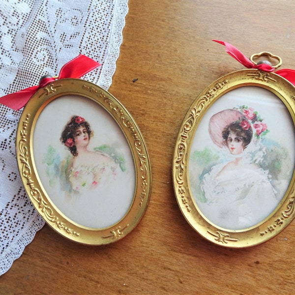 Pair of Victorian Oval Metal Framed Pictures