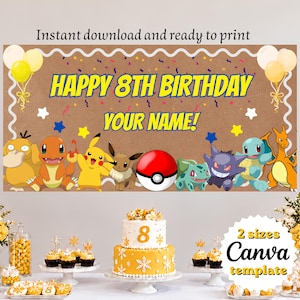 Puede incluir: Una pancarta de cumpleaños rectangular con fondo marrón, bordes blancos ondulados, texto amarillo HAPPY 8TH BIRTHDAY YOUR NAME e ilustraciones de Psyduck, Charmander, Pikachu, Eevee, una Poké Ball, Bulbasaur, Gengar, Squirtle y Charizard.