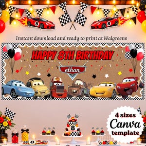 May include: A race car themed birthday party banner featuring the text HAPPY 8TH BIRTHDAY and ethan, decorated with cartoon cars, checkered flags, and balloons. The design includes red, yellow, and black accents with a brown background.