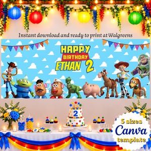 Peut inclure: Une toile de fond numérique pour anniversaire avec un ciel bleu, des nuages blancs, des personnages de Toy Story et le texte Happy Birthday Ethan 2. Le design inclut des guirlandes, des lanternes en papier et un gâteau à deux étages.