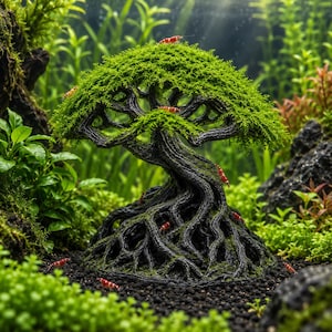 Peut inclure: Un ornement d'arbre en résine texturée brun foncé avec une large base de racines noueuses et une canopée recouverte de mousse vert vif. Plusieurs petites crevettes rouge vif sont posées sur les branches et les racines dans un aquarium planté.