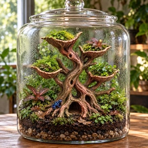 May include: A glass terrarium jar containing a brown resin tree-shaped structure with multiple bowl-shaped platforms holding green moss and small plants. A small blue frog figurine sits at the base, which is filled with dark soil and pebbles.