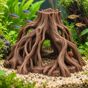 Peut inclure: Un ornement d'aquarium en forme de souche d'arbre creuse marron, avec des racines texturées exposées formant une arche. La structure repose sur un substrat de gravier clair, avec une ouverture centrale abritant un petit poisson tacheté.