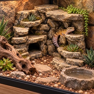 Puede incluir: Un gecko leopardo descansa sobre una formación rocosa de varios niveles dentro de un terrario. El hábitat cuenta con una estructura de piedra marrón con una cueva, un bebedero, un trozo de madera flotante, guijarros y plantas suculentas.