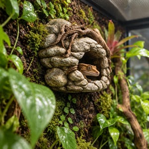 May include: A tan crested gecko peeking out from a textured, gray stone-like hide cave mounted on a vertical surface covered in green moss, dark bark, and lush foliage with visible water droplets on the leaves within a terrarium enclosure.