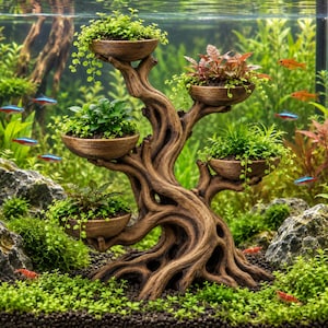 Puede incluir: Un adorno de acuario con forma de árbol, marrón y texturizado, que cuenta con cinco cuencos integrados plantados con diversas plantas acuáticas verdes y rojizas, situado dentro de una pecera con agua, grava, rocas y varios peces naranjas.