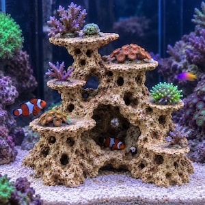 Puede incluir: Una estructura rocosa porosa de color beige con múltiples niveles y aberturas, que sirve como hábitat para la vida marina. La estructura está adornada con varios pólipos de coral coloridos en tonos morado, verde y naranja, con dos peces payaso.