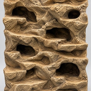 Può includere: Uno sfondo per habitat di rettili color marrone chiaro testurizzato, caratterizzato da una serie di sporgenze stratificate simili a rocce e molteplici aperture a grotta. La superficie presenta un motivo dettagliato a venature.