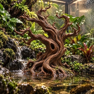 May include: A brown, gnarled tree-shaped sculpture with intricate, twisted branches and a hollow opening in the trunk, positioned in a shallow pool of water next to a small waterfall, surrounded by dark rocks and lush green foliage in a terrarium.