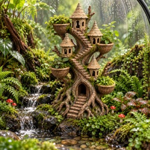 May include: A brown, textured tree-shaped sculpture featuring multiple conical-roofed houses, integrated staircases, and circular planters filled with green foliage. The structure is positioned within a lush, mossy environment with a small stream.