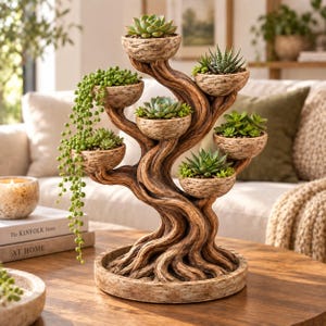 Puede incluir: Una maceta con forma de árbol de textura marrón con seis compartimentos en forma de cuenco que contienen varias suculentas verdes, incluida una planta de rosario colgante. La estructura presenta una base circular y un aspecto de madera nudosa.