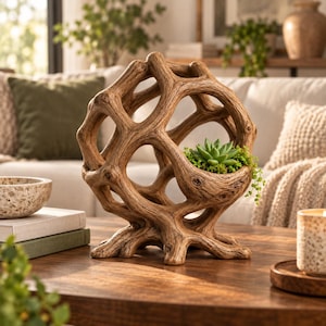 Peut inclure: Un pot de fleurs sphérique, creux et de forme organique, avec une finition texturée rappelant le bois. La structure présente des segments interconnectés en forme de branches formant un cadre, avec une petite plante succulente verte à l'intérieur.