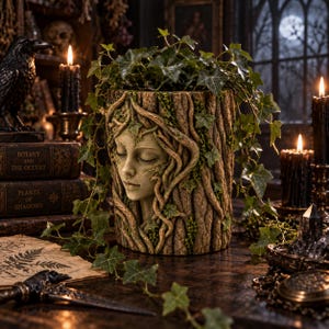 Puede incluir: Una maceta cilíndrica que presenta el rostro esculpido de un espíritu del bosque integrado en un diseño de corteza de árbol texturizada. La maceta está llena de enredaderas de hiedra verde que cuelgan por los lados. Tiene tonos verde musgo y marrón.