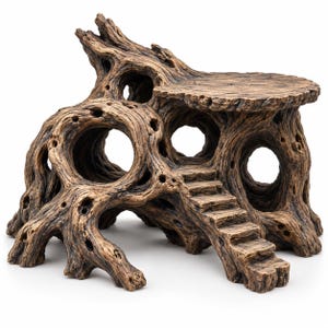 May include: A brown, textured aquarium ornament shaped like a hollowed-out tree stump with multiple circular openings, a flat elevated platform, and a small set of stairs leading up to the top, featuring realistic wood grain and knot details.