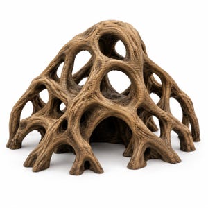 May include: A brown, hollow, dome-shaped structure with a textured, bark-like surface. The object features an intricate, interconnected network of arched, root-like branches that create multiple circular openings throughout the entire form.