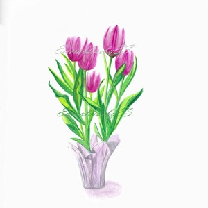 Tulipas cor de rosa em um plantador, primavera, pintura em aquarela, arte de jardinagem, impressão de belas artes, cartões instantâneos, pôsteres, download instantâneo em JPG