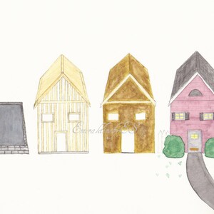 May include: A watercolor illustration of four houses in different stages of construction. The first house is a foundation, the second is framed, the third is sided, and the fourth is a finished pink house with a gray roof, white picket fence, and a gray walkway.