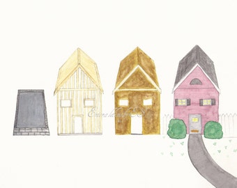 Watercolor painting of a house being built sequence,  Fine art print, Instant Download, JPG file