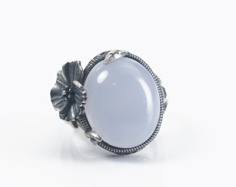 natural chalcedony ring, sterling silver gemstone chunky ring, flower decorated statement ring, blue gemstone jewelry, quality ring for her