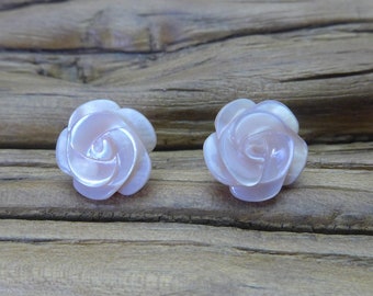 rose MOP studs earrings,pink seashell carved carved rose flower earrings, sterling silver studs, shell flower studs, flower earrings