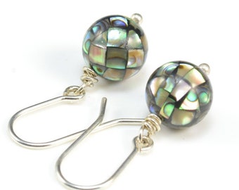 abalone earrings - paua shell earrings - dangle earrings - shimmer tide abalone shell jewelry - round beaded earrings - sterling silver