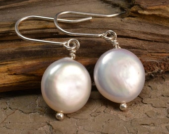 white coin pearl dangle earrings, freshwater pearl earrings, sterling silver jewelry, cream pearl jewelry, handmade pearl earrings