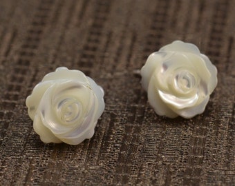 MOP studs, mother of pearl rose flower studs, white carved rose flower earrings, sterling silver studs, white flower studs, flower earrings