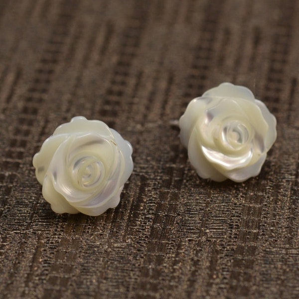 MOP studs, mother of pearl rose flower studs, white carved rose flower earrings, sterling silver studs, white flower studs, flower earrings