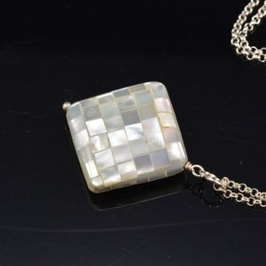 white mother of pearl necklace, white MOP pendant necklace, double sides shell jewelry, white square pendant, chain pendant, silver jewelry