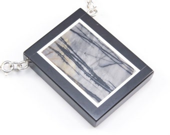 black line Picasso jasper necklace - black and white gemstone square pendant - natural stone  black cord necklace - stone cord jewelry