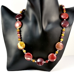 mookaite necklace, mookaite jewelry, fashion jewelry, beaded necklace, gemstone necklace, coin necklace, sterling silver  brown necklace,