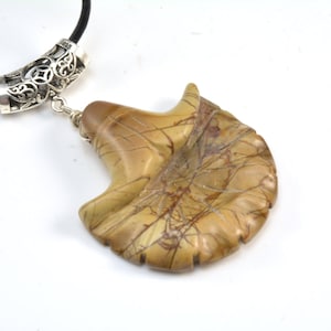 khaki Picasso jasper pendant necklace - carved flower gemstone necklace - leather cord necklace - khaki jewelry - sterling silver jewelry