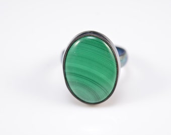 green malachite, malachite ring, cabachon setting, cabachon ring, bezel ring, bezel setting, handmade ring, fabricated, sterling silver--7.5